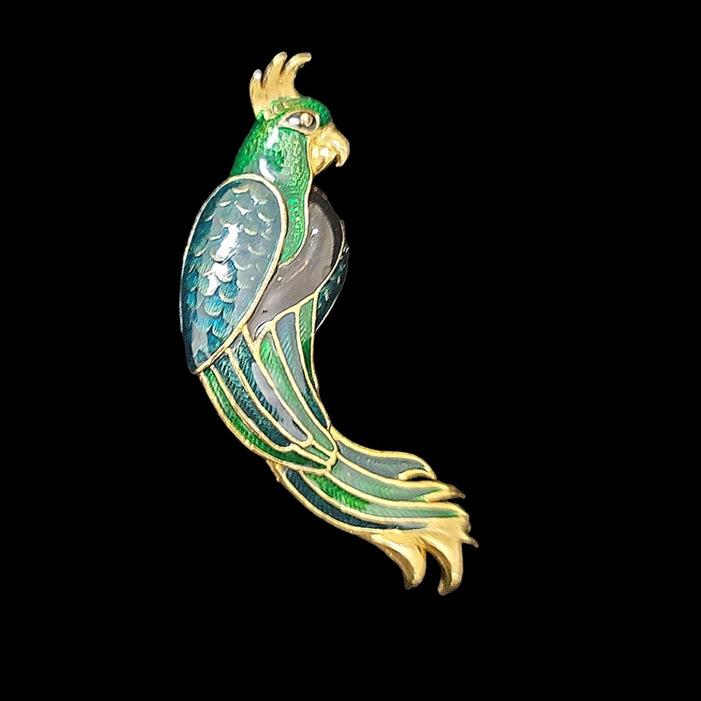 Vintage Goldtone Brooch Pin with Green, Blue & Black Enamel 7/8" x 3"